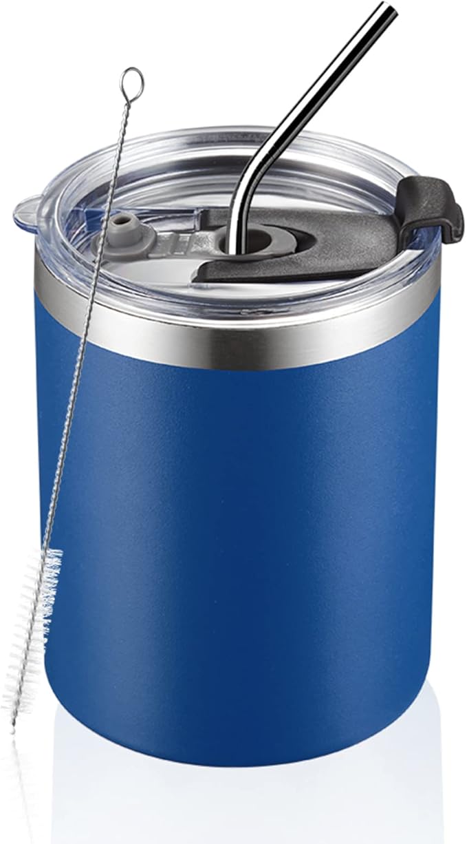 MEWAY 12 oz Lowball, Tumbler Stainless Steel Double Wall Vacuum Insulated Mug with Straw and Lid, Cleaning Brush ，Durable Powder Coated Insulated Coffee Cup for Cold & Hot Drinks (Navy,1 Pack)