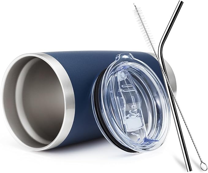 COMOOO 20oz Double Wall Vacuum Insulated Travel Mug, Stainless Steel Tumbler with Lid and Straw Durable Powder Coated Insulated Coffee Cup for Cold & Hot Drinks (Navy. 2 pack