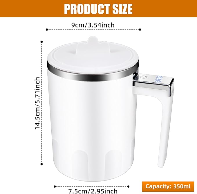 Self Stirring Coffee Mug: 2025 New Rechargeable Auto Magnetic Stirring Mixing Mug with Temperature Display,13oz Stainless Steel Travel Coffee Cup for Office, Home, Kitchen, Best Gift (White)