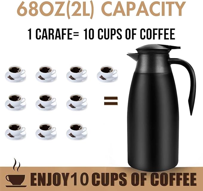 68oz Thermal Coffee Carafe, 2 Pack Airpot Insulated Coffee Urns Stainless Steel Vacuum Thermal Pot Dispenser for Coffee, Hot Water, Tea, Hot Beverage - Keep 12 Hours Hot, 24 Hours Cold (Black)