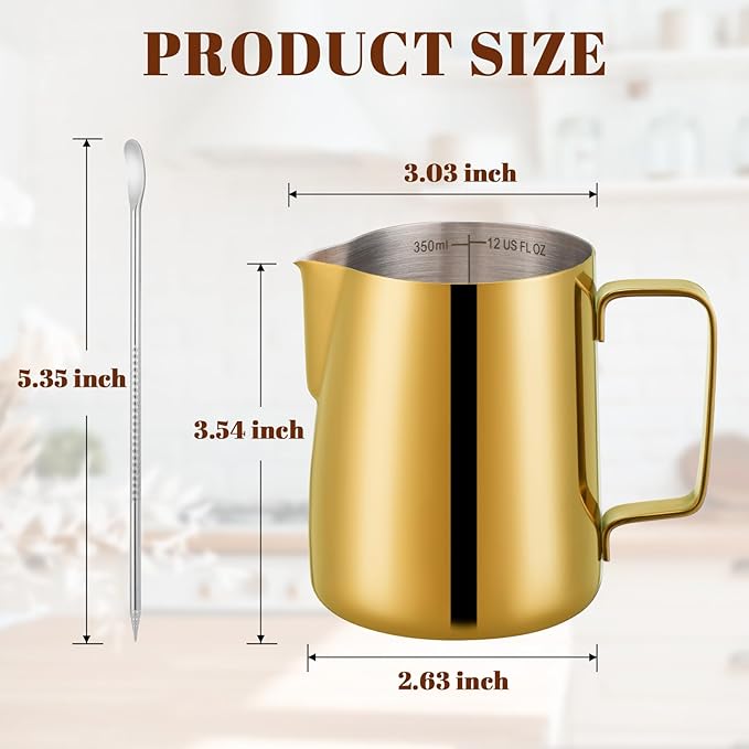 Milk Frothing Pitcher, 12 oz Milk Frother Cup with Clear Scale, 304 Stainless Steel Cappuccino Espresso Machine Accessories for Barista Coffee Bar with Latte Art Pen, Gold