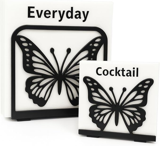 Butterfly Napkin Holder Set – 2 Pack Metal Stand for Everyday & Cocktail Napkins | Modern Black Decorative Coffee Filter Holder for Kitchen, Coffee Bar, Party, Dining Table & Gift