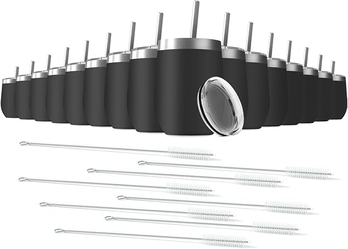 12oz Wine Tumbler with Lid With straw Stainless Steel Wine Tumbler Cups Double Wall Vacuum Insulated Travel Mugs Stemless Cup 16 Pack (Black)