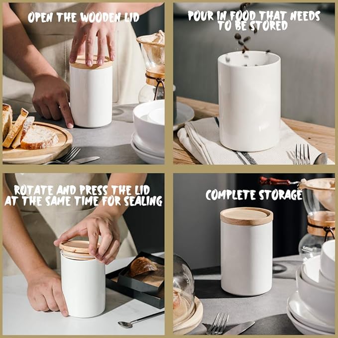 Sweejar Kitchen Canisters Ceramic Food Storage Jar, Stackable Containers with Airtight Seal Wooden Lid for Serving Ground Coffee, Tea, Sugar, Salt and More - 28 Fl Oz (Yellow)