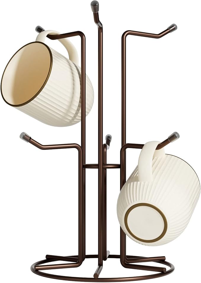 HULISEN Mug Holder for Large Cups, Mug Tree for Counter with 6 Hooks, Metal Coffee Mug Stand for Easy Pick, Place and Display, Coffee Bar Accessories and Decor, Free Standing Mug Rack, Brown