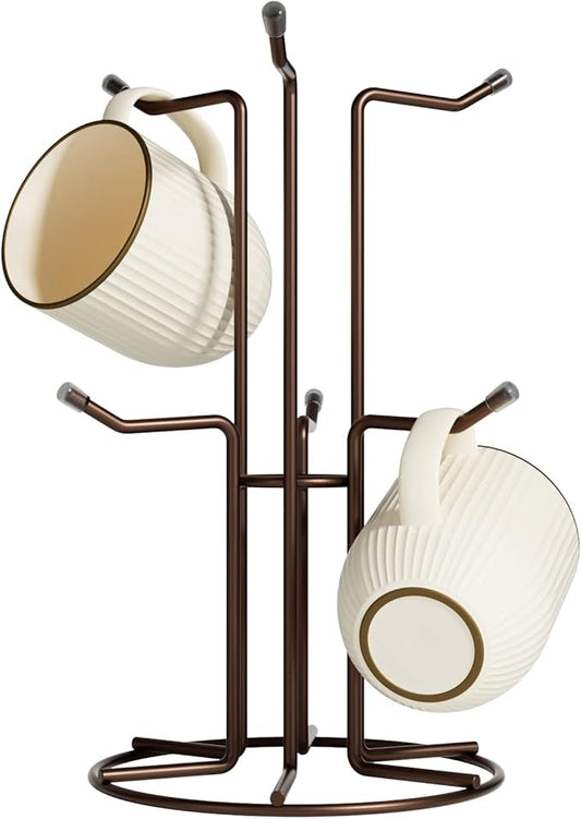 HULISEN Mug Holder for Large Cups, Mug Tree for Counter with 6 Hooks, Metal Coffee Mug Stand for Easy Pick, Place and Display, Coffee Bar Accessories and Decor, Free Standing Mug Rack, Brown