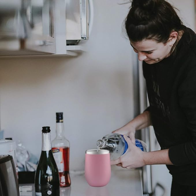 MEWAY 12oz/4 Pack Wine Tumbler Glasses with Lid - Stemless Double Wall Vacuum Stainless Steel Travel Tumbler - Keeping Cold & Hot for Wine,Coffee,Cocktails,Drinks-Family and Gifts (Pink,Set of 4)