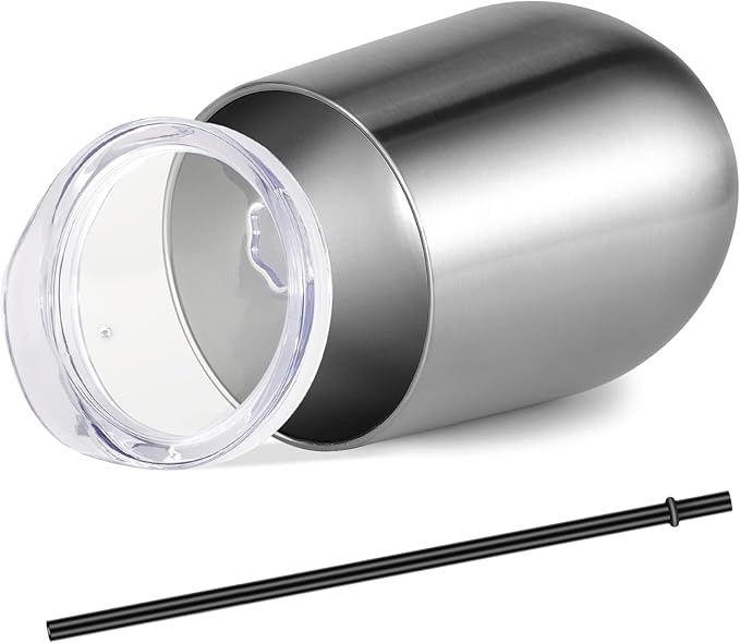 VEGOND 12oz Stainless Steel Wine Tumbler with Lid and Straw, Double Wall Vacuum Insulated Stemless Wine Glass Tumbler Cup, Coffee Mug for Cold Hot Drinks