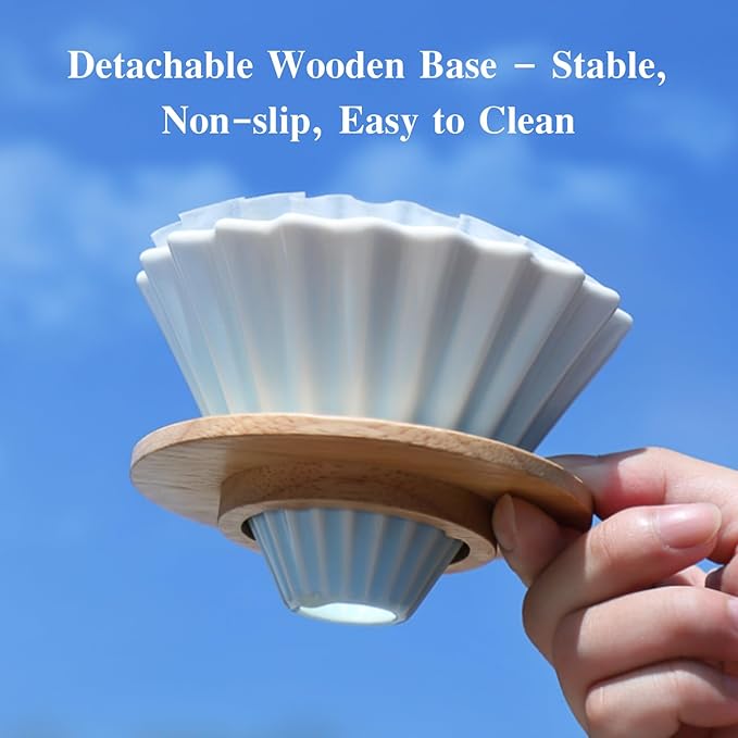 Bincoo Ceramic Coffee Dripper,Pour Over Coffee Dripper with Wood Stand, Flower-shape for 1-2 Cups Slow Brewing Maker for Home Cafe (Blue)