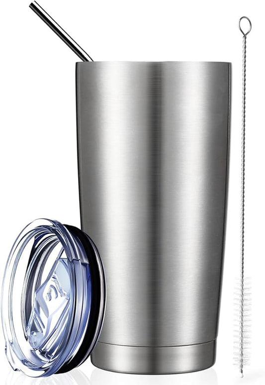 COMOOO 20oz Tumbler with Straw Stainless Steel Insulated Coffee Tumbler Cups Double Wall Vacuum Travel Coffee Mug with Splash Proof Sliding Lid for Hot Cold Drinks (Silver, 1 Pack)