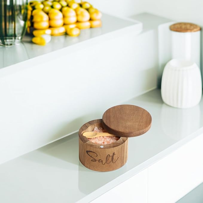 Acacia Wood Spice Box with Swivel Cover for Kitchen Countertop,Salt Keeper with Built-in Spoon,Modern Farmhouse Kitchen Decoror for Storing Seasonings (Labeled Salt & Pepper)