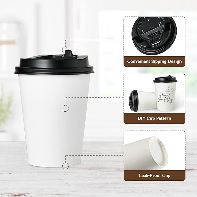 Vplus 500 Pack 12 OZ Paper Coffee Cups, Disposable 12 OZ Coffee Cups With Lids, Cold/Hot Drinking, For Home, Traveling, Stores, Office, And Events