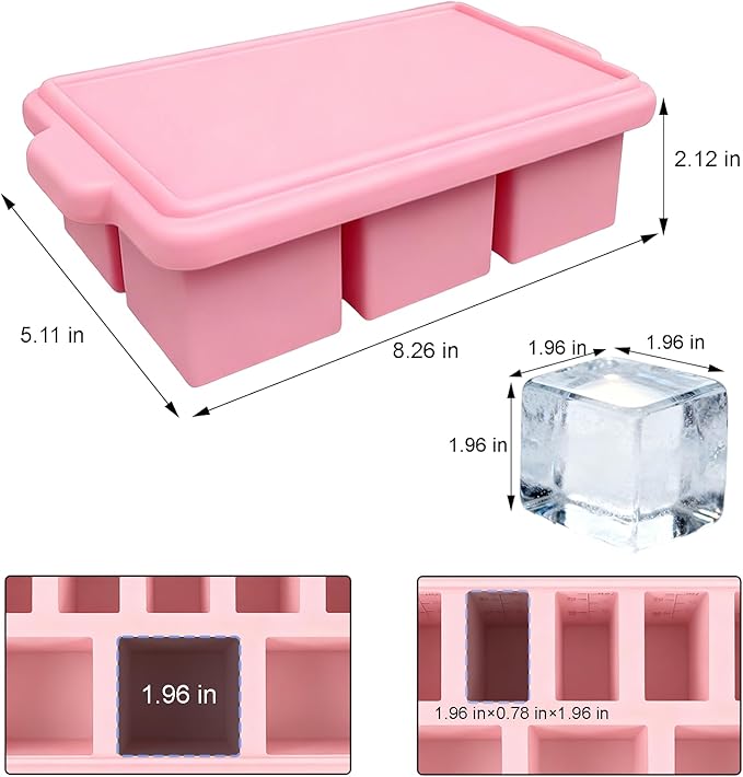 Silicone Ice Cube Tray with Lid 8-Cavity Reinforced Steel Frame Ice Cube Trays Easy Release BPA-Free Makes 3 Large Square & 5 Small Rectangular Ice Trays for Cocktails Whiskey Coffee,Pink