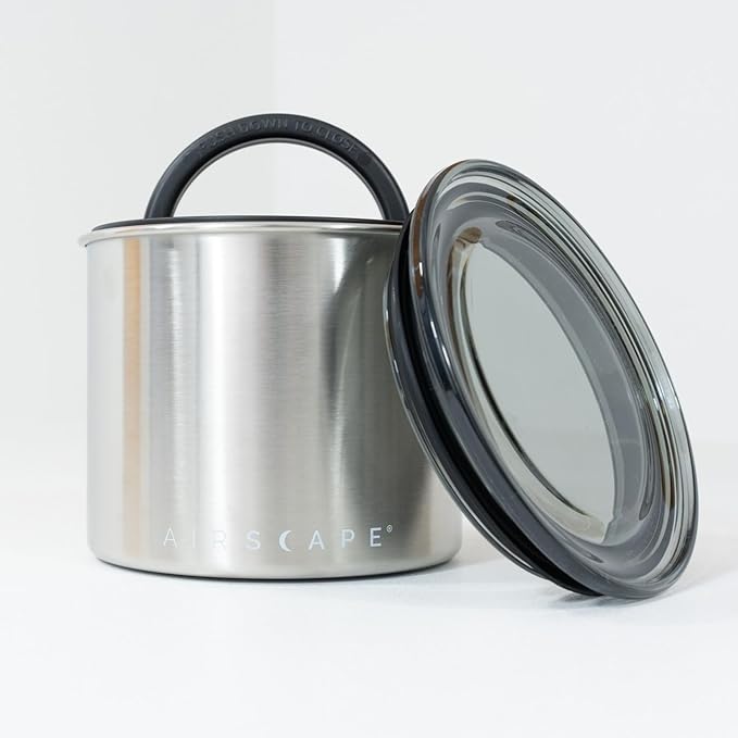 Planetary Design Airscape Stainless Steel Coffee Canister | Food Storage Container | US Patented Airtight Lid | Push Out Excess Air Preserve Food Freshness (Small, Brushed Steel)