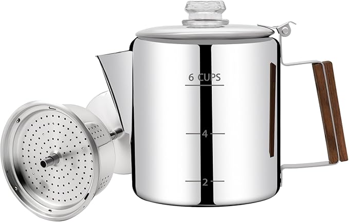 No Coating 6 Cup Percolator Coffee Pot 304 Stainless Steel Moka Pot Stovetop Espresso Maker Italian Greca Cuban Machine 1000ml 33.8oz Suitable for Gas Induction Stovetop Camping Kettle