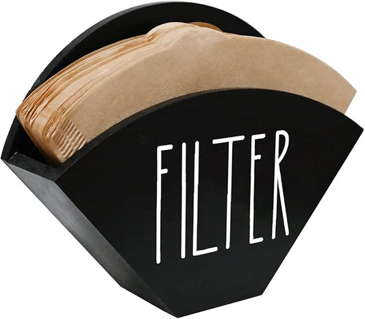 Farmhouse Wood Coffee Filter Holder - Wall Mounted Cone Filter Dispenser for Coffee Bar Decor (Black)
