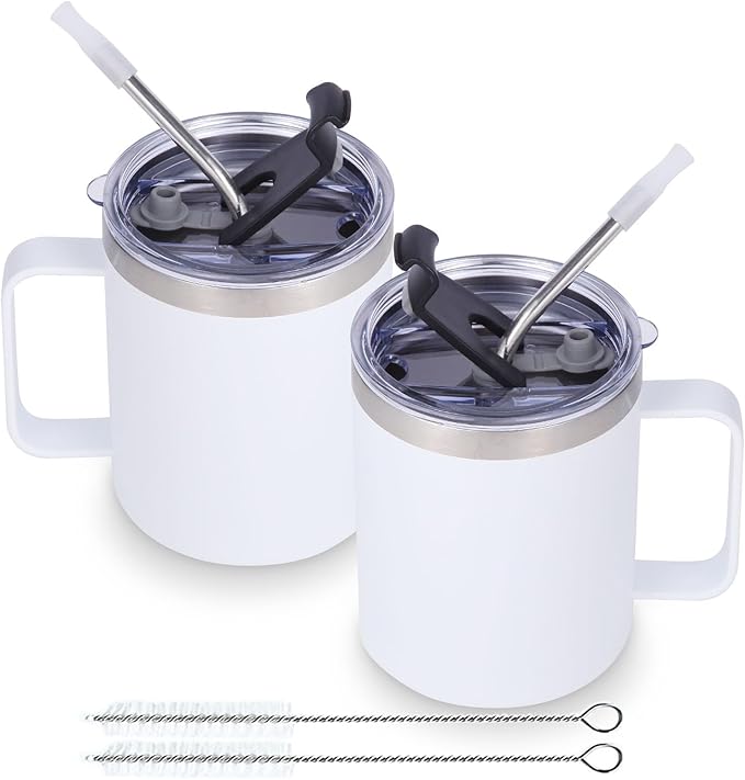 Volhoply 12oz Insulated Leakproof Coffee Mug with Flip & Straw Lid Bulk 2 Pack,Double Wall Vacuum Stainless Steel Travel Tumbler Cup with Handle,Reusable Camping Mugs Keep Cold/Hot(White,2 Set)