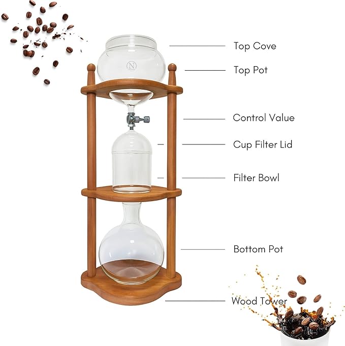 Nispira Cold Brew coffee Maker Ice Coffee Drip Machine with Advanced Slow Drip Technology Borosilicate Glass with Wood Tower, 6-8 Cup, Brown