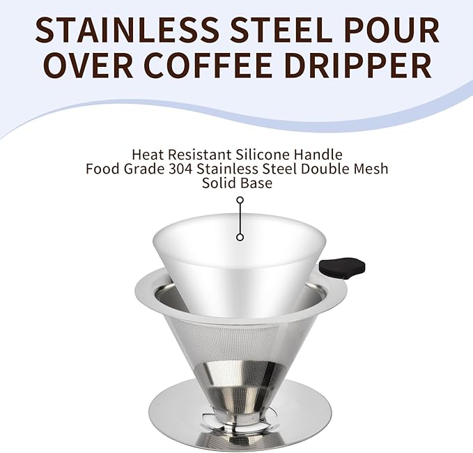 Stainless Steel Pour Over Coffee Dripper, Reusable Fine Mesh Filter for 1-2 Cups, Paperless Coffee Maker for Home, Travel, Camping