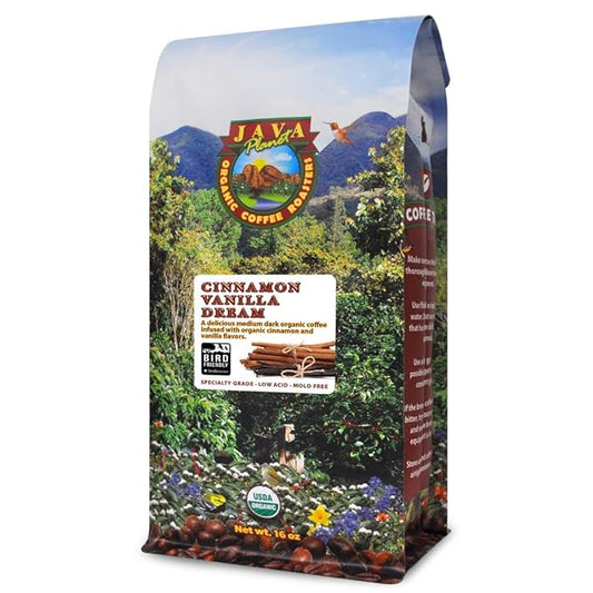 Low Acid Organic Coffee – Whole Bean, Mold-Free & Stomach Friendly by Java Planet, Cinnamon and Vanilla, Medium Dark Roast, Arabica Gourmet Coffee Grade A, Smithsonian Bird Friendly, 1LB Bag