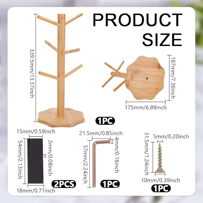 UNICRAFTALE Bamboo Countertop Mug Tree Stand Coffee Cups Holder Bamboo Mugs Racks Under Cabinet 6 Mugs Hooks Under Shelf for Kitchen Coffee Bar Accessories 13.34"x6.88"x7.36"