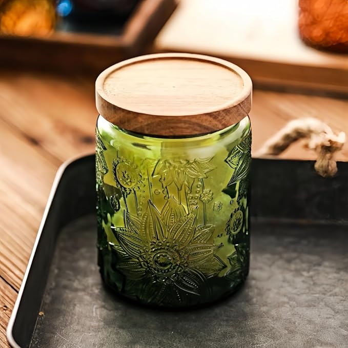 Set of 2 Vintage Glass Jars, Green Glass Storage Jars with Lids (23.7 oz) for Kitchen, Pantry, Candy, Flour, Oatmeal, Coffee Beans, Pet Food, Laundry Detergent, Cute Jar (Green&Blue 2, 23.7 Ounces)