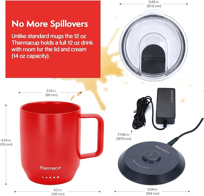 Premium Heated Coffee Mug with 5 Temperature Settings, Industry-Leading Smart Electric Cup, Up to 8-Hour Battery, 12oz with Lid (14oz Total Capacity), Cherry Red