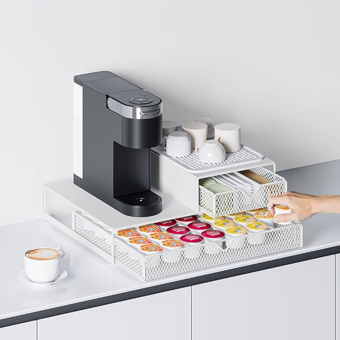 Coffee Maker Countertop Organizer,K Cup Pod Drawers,60 Coffee Capsule Pod Holder,Integrated Design Requires No Assembly.Slidng Storage Pod Baskets,Pod Stands,Silicone Drink Coasters