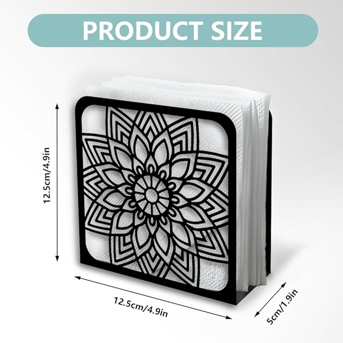 Mandala Sunflower Decorative Black Metal Napkin Holder for Table, 4.9" x 4.9" x 1.9" Sunflower Standing Napkin Holder for Home Kitchen Restaurant Picnic Party Coffee Bar Dining Room