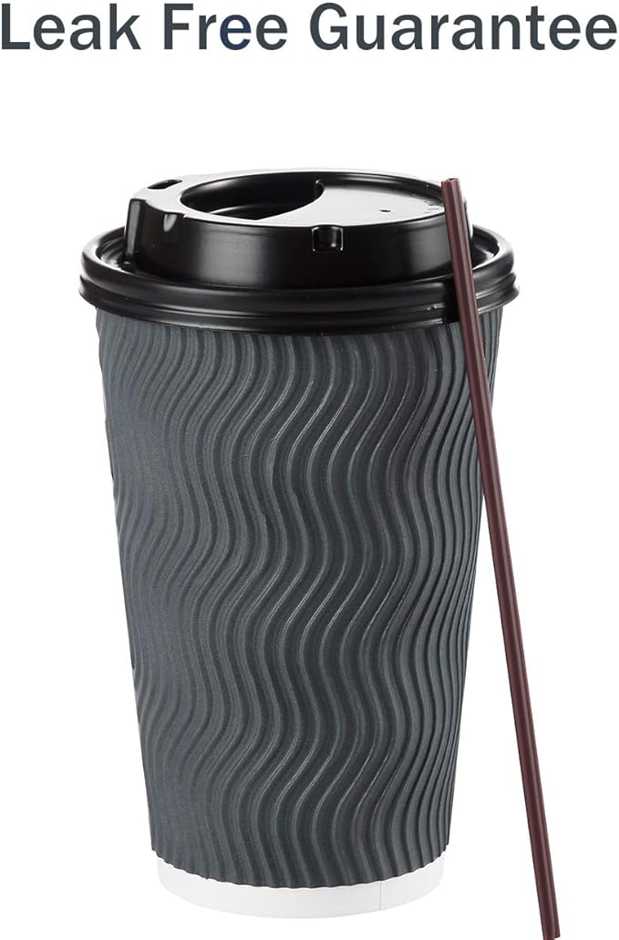 Disposable Coffee Cups with Lids and Straws - 16 oz (90 Set) Togo Hot Paper Coffee Cup with Lid To Go for Beverages Espresso Tea Insulated Reusable Cold Drinks Ripple Cups Protect Fingers From Heat