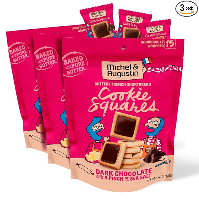 Michel et Augustin Cookies, Individually Wrapped Snacks, 3 Pack, Gourmet Dark Chocolate & Sea Salt Shortbread, 15 French Butter Cookies per bag