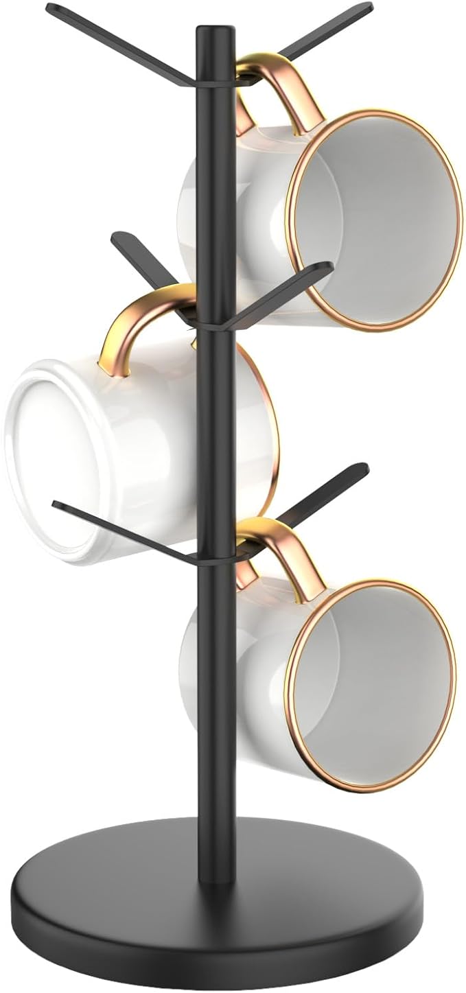 Coffee Mug Tree Holder Countertop, Non-Slip Walnut Wood Mug Rack with 6 Hooks, Coffee Cup Rack for Home Storage and Organizer (Black)