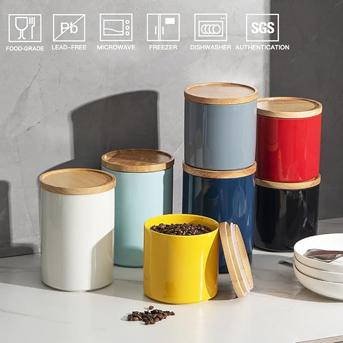 Sweejar Kitchen Canisters Ceramic Food Storage Jar, Stackable Containers with Airtight Seal Wooden Lid for Serving Coffee Bean, Flour, Tea, Cookies and More - 58 Fl Oz(Gray)