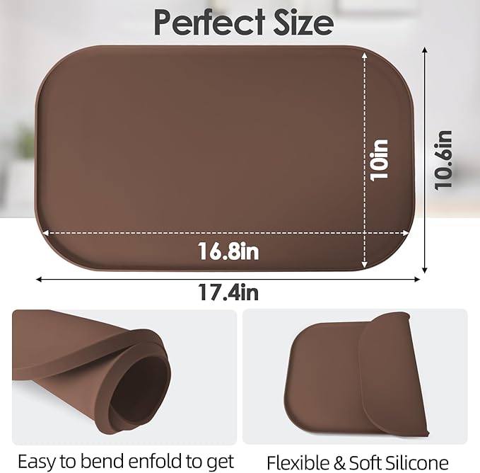 Silicone Coffee Maker Mat with Lip, 17.4'' x 10.6'' Heavy Duty Coffee Maker Mat for Countertops, Coffee Tray Fit Under Coffee Machine Appliance Automatic Machines Espresso Accessory, Brown