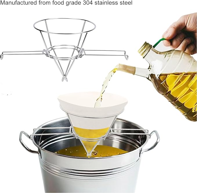 10 Inch Oil Filter Stand, 304 Stainless Steel Fryer Oil Filter Holder with Foldable Arms for Deep Fryers and Maple Syrup, Cooking Oil Strainer and Paper Filter Cone Rack