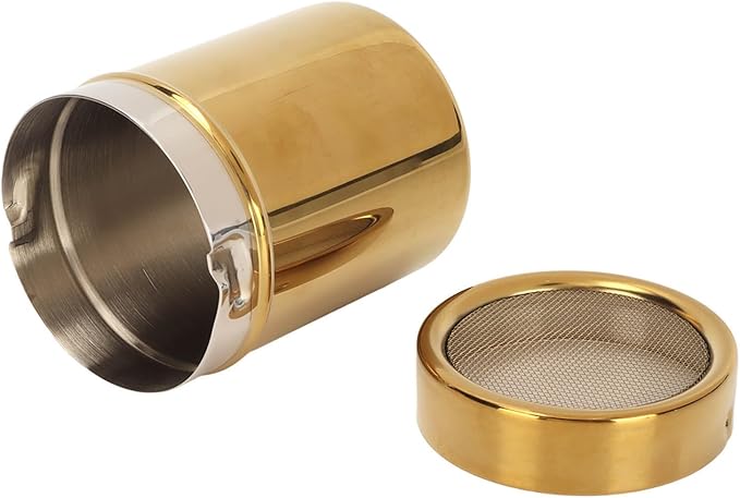 Stainless Steel Powder Shaker Powder Sugar Shaker,Gold Fine Mesh Powder Sugar Shaker Stainless Steel Sugar Shaker for Lid for Sifter Cocoa,Cinnamon Powder,Coffee Sugar Shakers