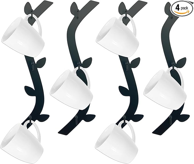 Ecqizer Coffee Mug Wall Rack - Metal Cup Holder Tree for Bar Decor - 4pcs Black Mounted Rack