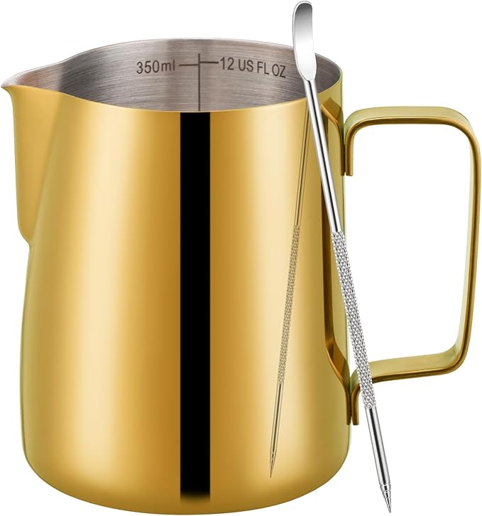 Milk Frothing Pitcher, 12 oz Milk Frother Cup with Clear Scale, 304 Stainless Steel Cappuccino Espresso Machine Accessories for Barista Coffee Bar with Latte Art Pen, Gold