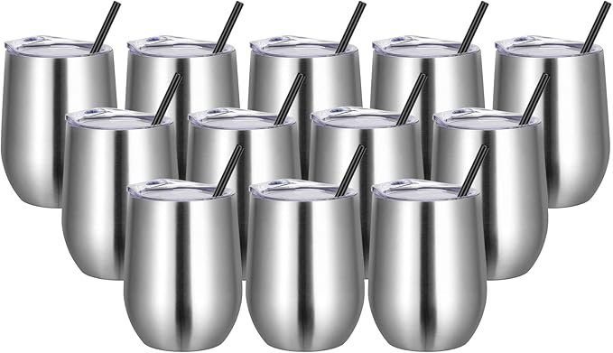 VEGOND Wine Tumblers Bulk 12 Pack, 12oz Stainless Steel Stemless Wine Glass with Lids and Straws, Double Wall Vacuum Insulated Tumbler Cup, Coffee Mug for Cold Hot Drinks