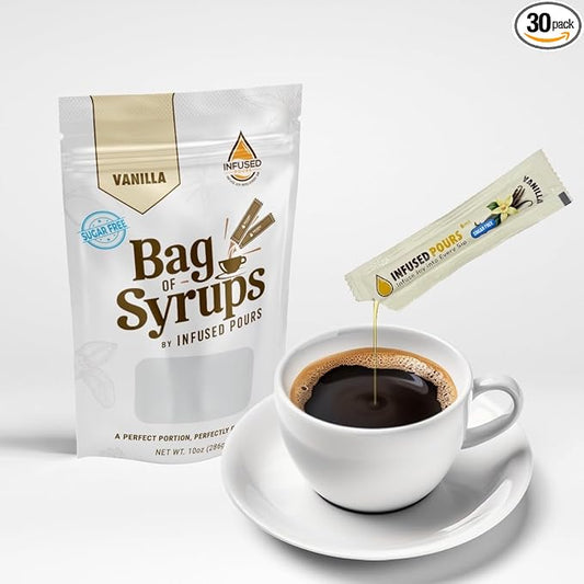 Single Serving Sugar Free Vanilla Syrup Packets for Coffee and Cocktails - 6mL Each, 30 Count - Bag of Syrups by Infused Pours (6mL, Sugar Free Vanilla)