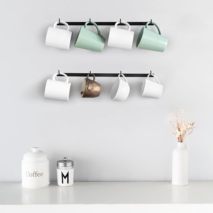 Dahey Metal Coffee Mug Rack Wall Mounted with 8 Hooks, Set of 2, Mug Display Rack Cup Holder Storage for Kitchen Dining Room Coffee Bar, Black