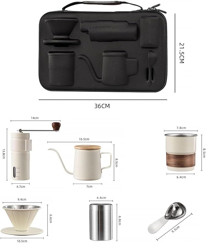Portable Hand Coffee Maker Set for Camping Travel, Stainless Steel Manual Coffee Kit with Hand Grinder, 350ml Pour Over Kettle, Filter Cup, Cup and Scoop，Suitable for family travel and camping (white)