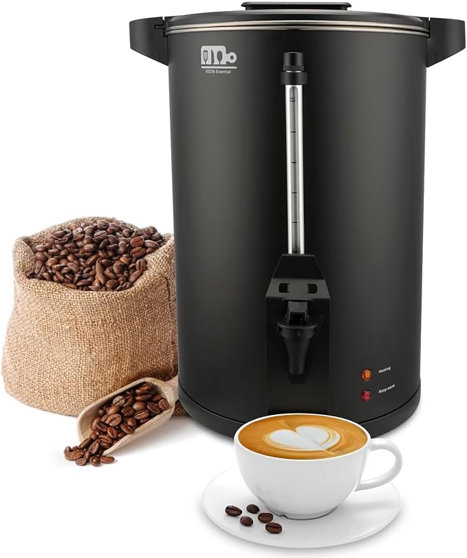 30-Cup 6L Commercial Coffee Urn, Festa Essential 750W Double Wall Large Percolate Coffee Maker Stainless Steel Hot Water Urn Dispenser with Double Dripless Faucet, Quick-Brewing for Catering, Black
