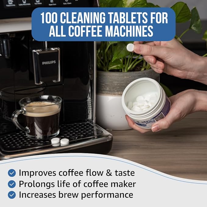 Caffenu Espresso Machine Cleaning Tablets 100 Count used every 100 cups. Automatic, Superautomatic & Bean to Cup. Use with Descaling