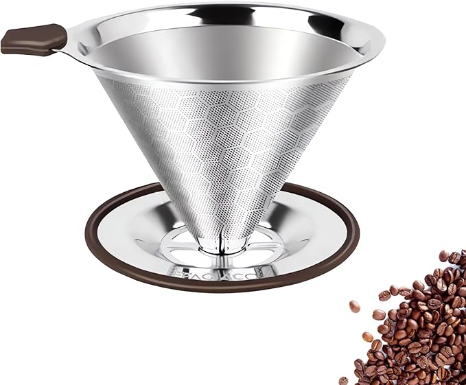 Pour Over Coffee Dripper,Stainless Steel Coffee Filter, Pour Over Maker Double Micro Mesh, Reusable Coffee Strainer (Silver)
