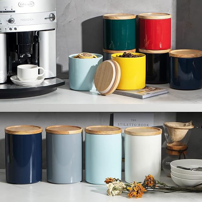 Sweejar Kitchen Canisters Ceramic Food Storage Jar, Stackable Containers with Airtight Seal Wooden Lid for Serving Coffee Bean, Flour, Tea, Spice and More - 39 Fl Oz (Turquoise)