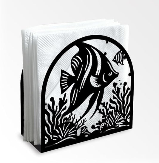 Tropical Fish Decorative Black Metal Napkin Holder for Table, 4.9" x 4.9" x 1.9" Standing Napkin Holder for Home Kitchen Restaurant Picnic Party Coffee Bar Dining Room
