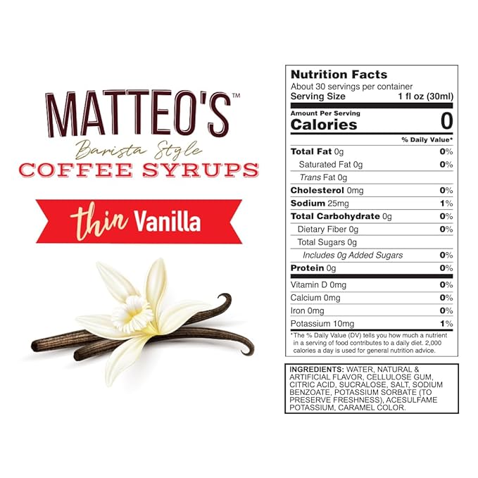 Matteo's Vanilla Syrup for Coffee, Lattes, Cappuccinos & Desserts – Sugar-Free Sweetener for Beverages, Keto Friendly, Zero Calories, Indulgent Flavor, Non-Alcoholic, Ideal for Hot Drinks 33.8oz (1pk)