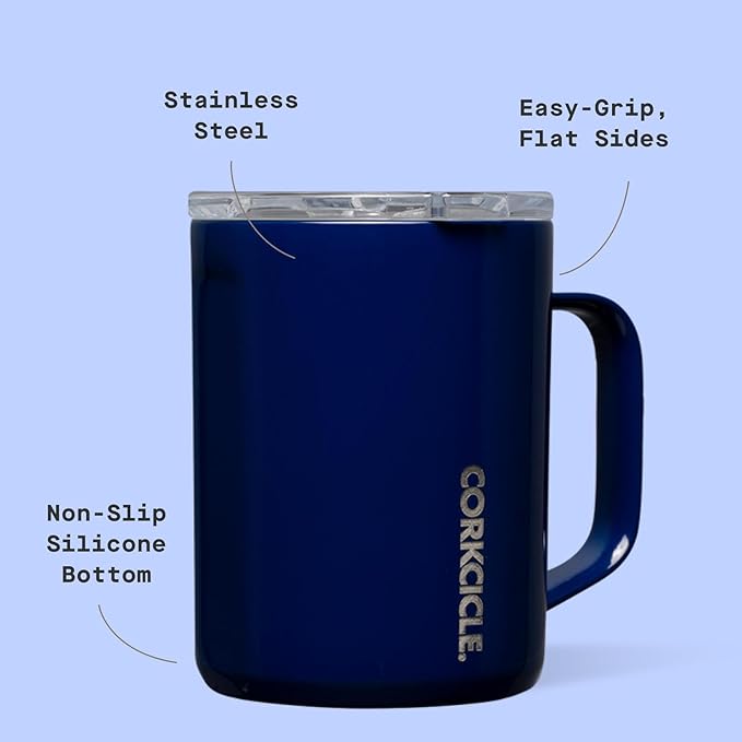 Corkcicle Classic Coffee Mug - Triple Insulated Stainless Steel for Travel - Shatter-Proof Lid - Keeps Drink Hot Over 3 Hours - Holiday Mug Gift - Great for Gifting - 16 oz - Gloss Midnight Navy