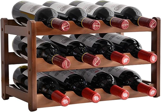 Wine Rack Countertop, 12 Bottle Wine Racks for Wine Bottles Storage Display, 3 Tier Wooden Wine Rack Free Standing Floor
